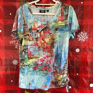 Onque Casual Paris Scene Women's Artistic Blue Top w/rhinestones